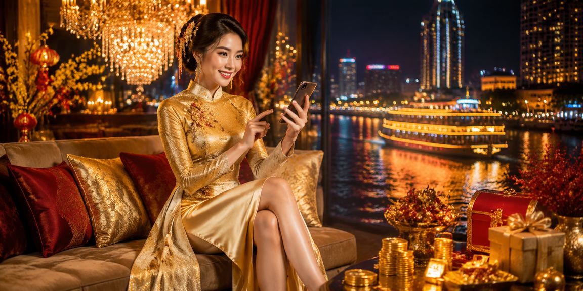 Người phụ nữ mặc áo dài sử dụng điện thoại trải nghiệm casino tại vùng Mekong